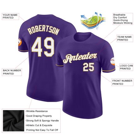 Personalized Purple White-Old Gold Performance T-Shirt Team Custom Name and Number