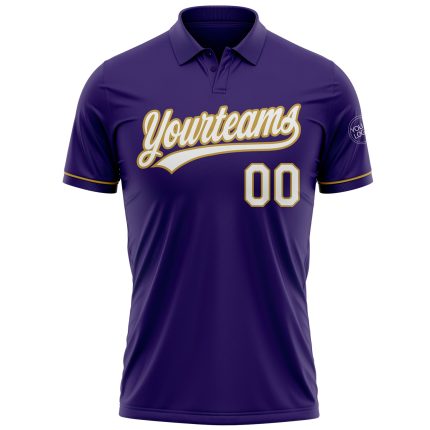 Personalized Purple White-Old Gold Performance Vapor Golf Polo Shirt Team Custom Name and Number
