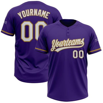 Personalized Purple White-Old Gold Two-Button Unisex Softball Jersey Team Custom Name and Number