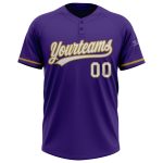 Personalized Purple White-Old Gold Two-Button Unisex Softball Jersey Team Custom Name and Number