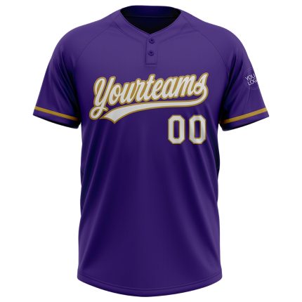 Personalized Purple White-Old Gold Two-Button Unisex Softball Jersey Team Custom Name and Number