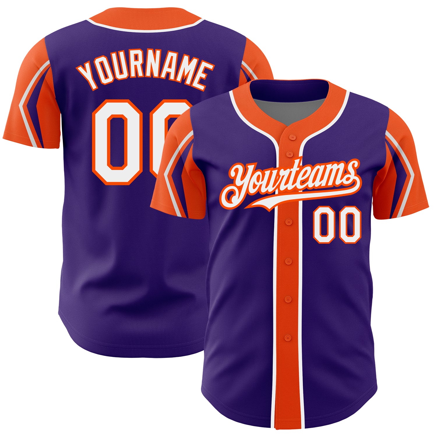 Personalized Purple White-Orange 3 Colors Arm Shapes Authentic Baseball Jersey Team Custom Name and Number