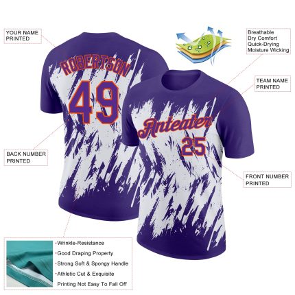 Personalized Purple White-Orange 3D Pattern Design Abstract Sharp Shape Performance T-Shirt Team Custom Name and Number