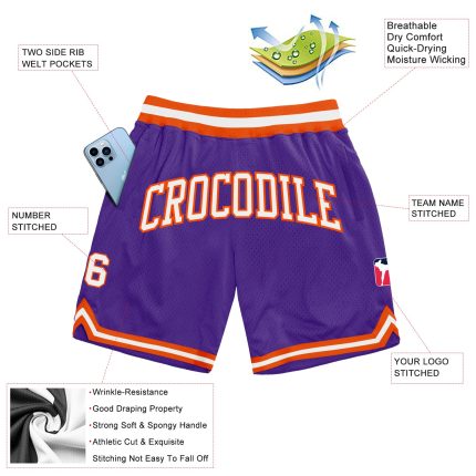 Personalized Purple White-Orange Authentic Throwback Basketball Shorts Team Custom Name and Number