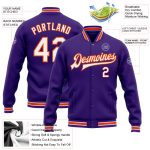 Personalized Purple White-Orange Bomber Full-Snap Varsity Letterman Jacket Team Custom Name and Number