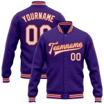 Personalized Purple White-Orange Bomber Full-Snap Varsity Letterman Jacket Team Custom Name and Number