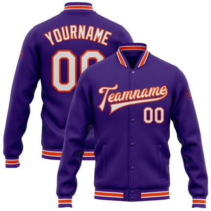 Personalized Purple White-Orange Bomber Full-Snap Varsity Letterman Jacket Team Custom Name and Number