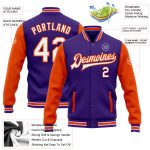 Personalized Purple White-Orange Bomber Full-Snap Varsity Letterman Two Tone Jacket Team Custom Name and Number