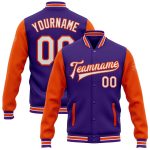 Personalized Purple White-Orange Bomber Full-Snap Varsity Letterman Two Tone Jacket Team Custom Name and Number
