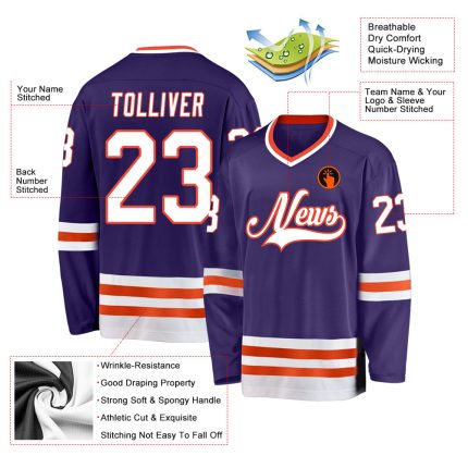Personalized Purple White-Orange Hockey Jersey Team Custom Name and Number