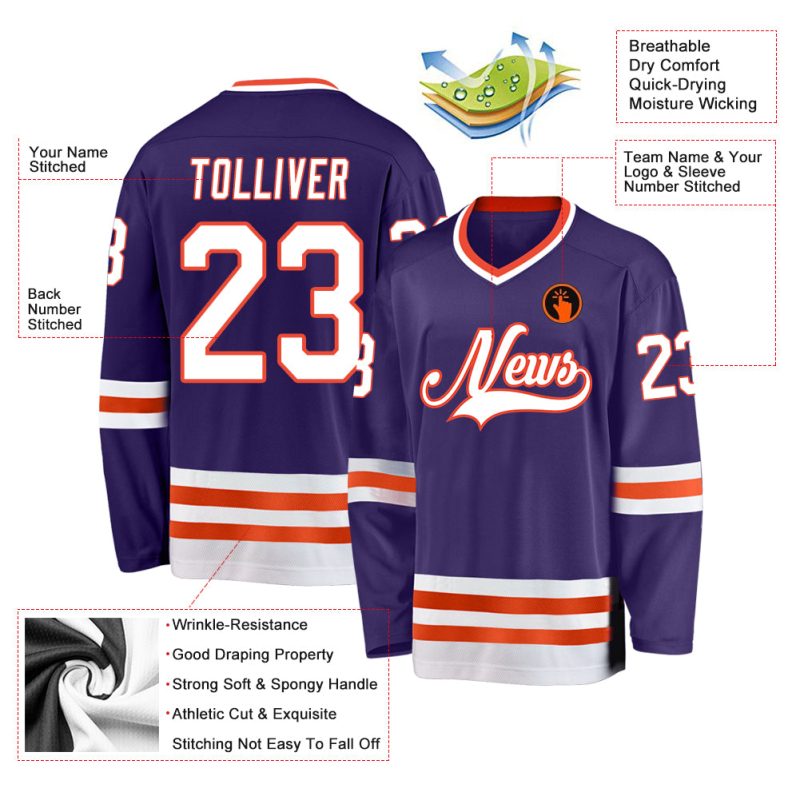 Personalized Purple White-Orange Hockey Jersey Team Custom Name and Number