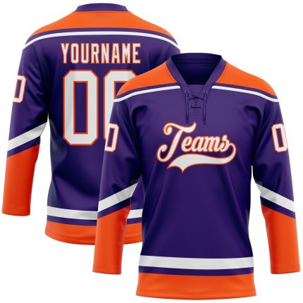 Personalized Purple White-Orange Hockey Lace Neck Jersey Team Custom Name and Number