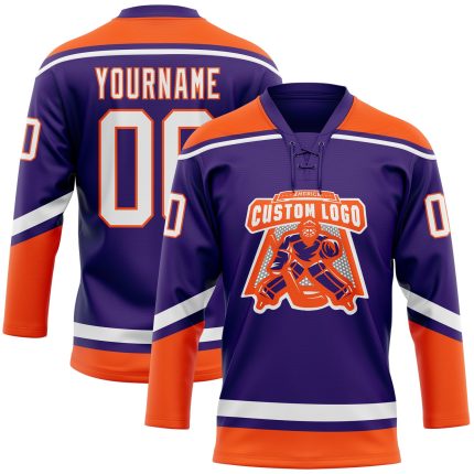 Personalized Purple White-Orange Hockey Lace Neck Jersey Team Custom Name and Number
