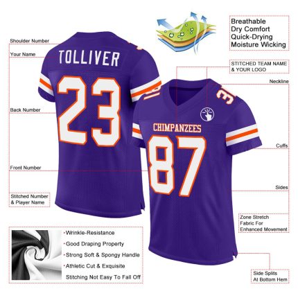 Personalized Purple White-Orange Mesh Authentic Football Jersey Team Custom Name and Number