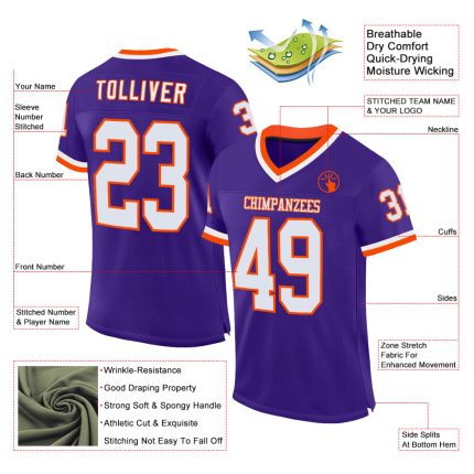 Personalized Purple White-Orange Mesh Authentic Throwback Football Jersey Team Custom Name and Number