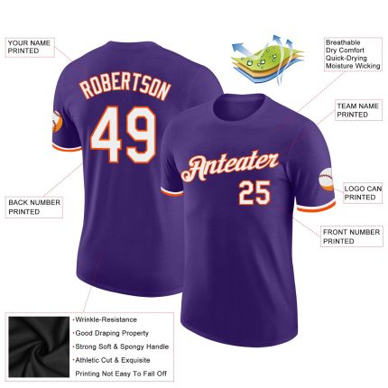 Personalized Purple White-Orange Performance T-Shirt Team Custom Name and Number