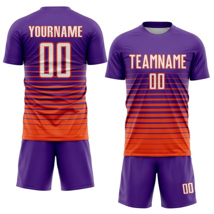 Personalized Purple White-Orange Pinstripe Fade Fashion Sublimation Soccer Uniform Jersey Team Custom Name and Number