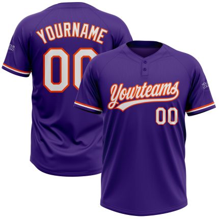 Personalized Purple White-Orange Two-Button Unisex Softball Jersey Team Custom Name and Number