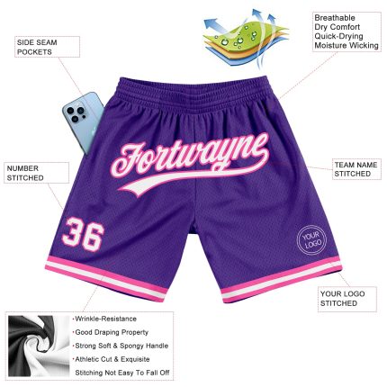 Personalized Purple White-Pink Authentic Throwback Basketball Shorts Team Custom Name and Number