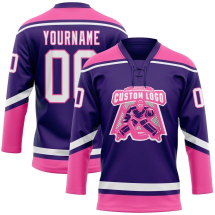 Personalized Purple White-Pink Hockey Lace Neck Jersey Team Custom Name and Number