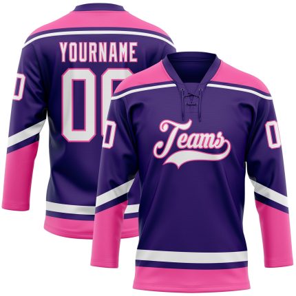 Personalized Purple White-Pink Hockey Lace Neck Jersey Team Custom Name and Number
