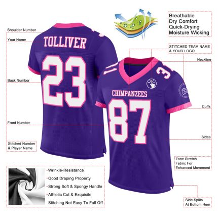 Personalized Purple White-Pink Mesh Authentic Football Jersey Team Custom Name and Number