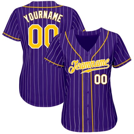 Personalized Purple White Pinstripe Gold-White Authentic Baseball Jersey Team Custom Name and Number