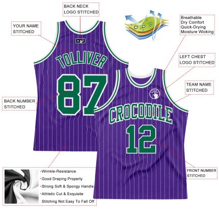 Personalized Purple White Pinstripe Kelly Green Authentic Basketball Jersey Team Custom Name and Number