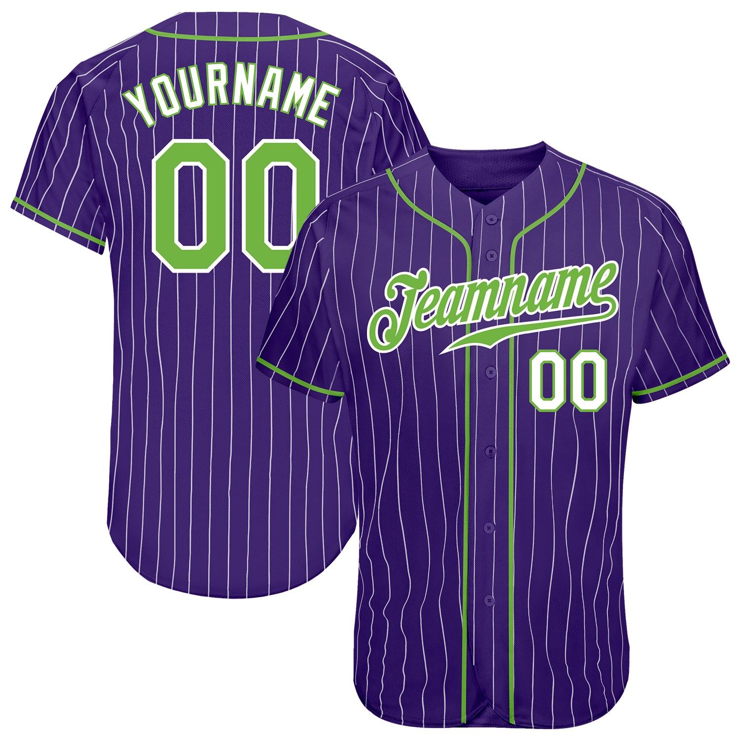 Personalized Purple White Pinstripe Neon Green-White Authentic Baseball Jersey Team Custom Name and Number