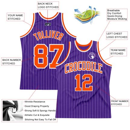 Personalized Purple White Pinstripe Orange Authentic Basketball Jersey Team Custom Name and Number
