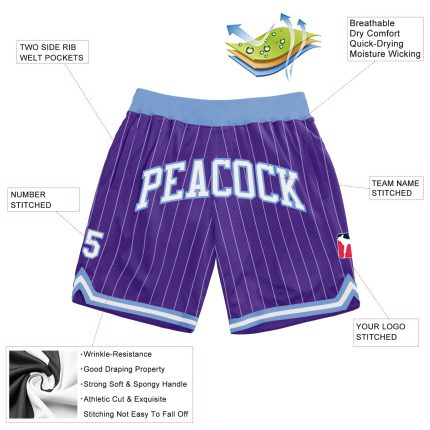Personalized Purple White Pinstripe White-Light Blue Authentic Basketball Shorts Team Custom Name and Number