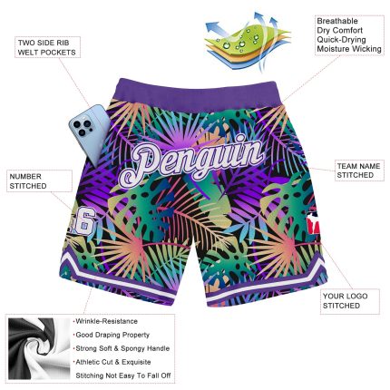 Personalized Purple White-Purple 3D Pattern Design Tropical Palm Leaves Authentic Basketball Shorts Team Custom Name and Number