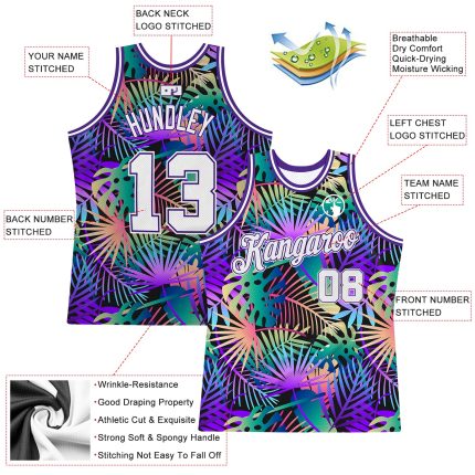 Personalized Purple White-Purple 3D Pattern Tropical Hawaii Plants Authentic Basketball Jersey Team Custom Name and Number