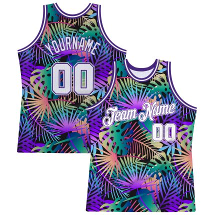 Personalized Purple White-Purple 3D Pattern Tropical Hawaii Plants Authentic Basketball Jersey Team Custom Name and Number