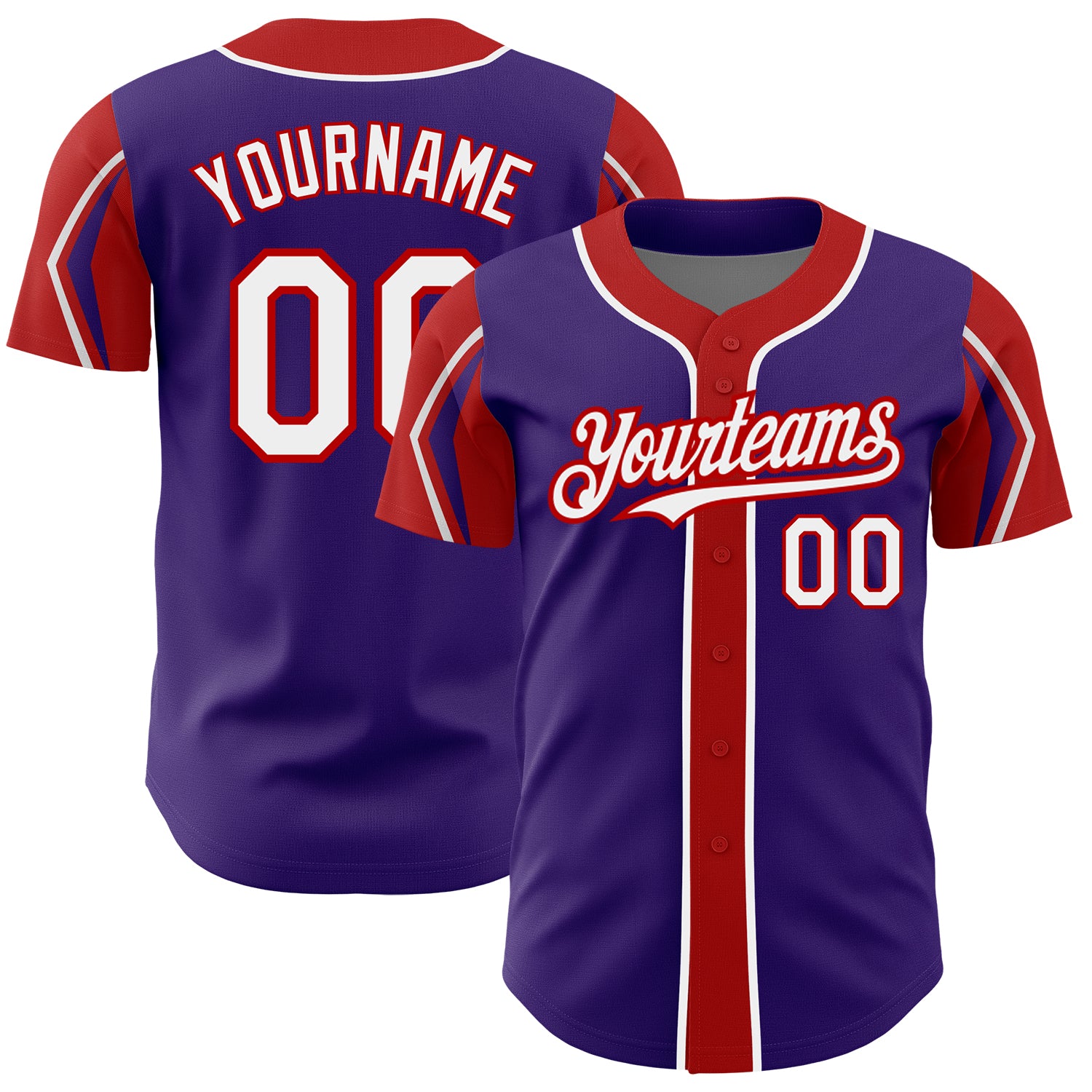 Personalized Purple White-Red 3 Colors Arm Shapes Authentic Baseball Jersey Team Custom Name and Number