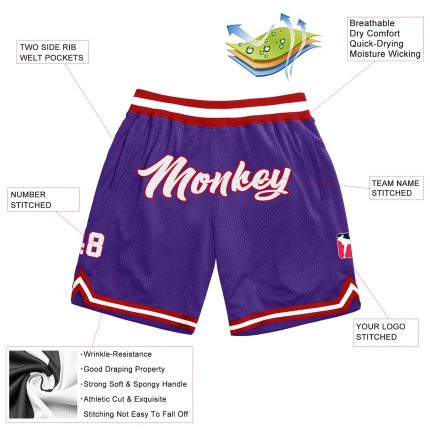 Personalized Purple White-Red Authentic Throwback Basketball Shorts Team Custom Name and Number