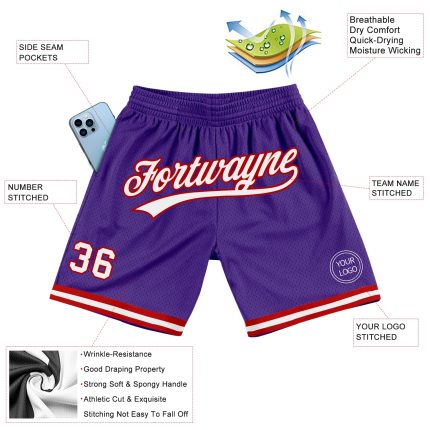 Personalized Purple White-Red Authentic Throwback Basketball Shorts