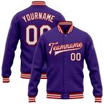 Personalized Purple White-Red Bomber Full-Snap Varsity Letterman Jacket Team Custom Name and Number