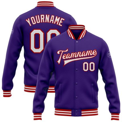 Personalized Purple White-Red Bomber Full-Snap Varsity Letterman Jacket Team Custom Name and Number