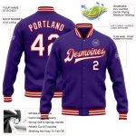 Personalized Purple White-Red Bomber Full-Snap Varsity Letterman Jacket Team Custom Name and Number