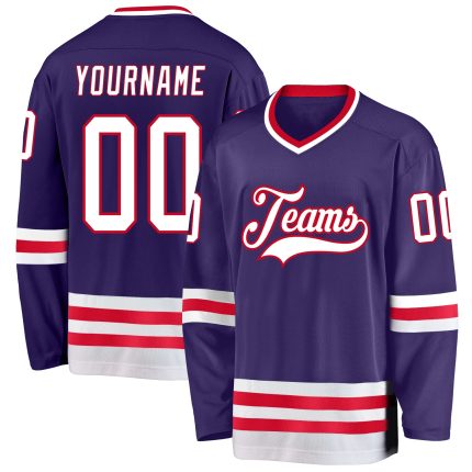Personalized Purple White-Red Hockey Jersey Team Custom Name and Number