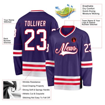 Personalized Purple White-Red Hockey Jersey Team Custom Name and Number