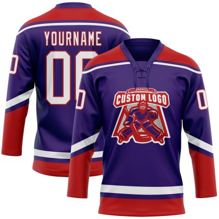 Personalized Purple White-Red Hockey Lace Neck Jersey Team Custom Name and Number