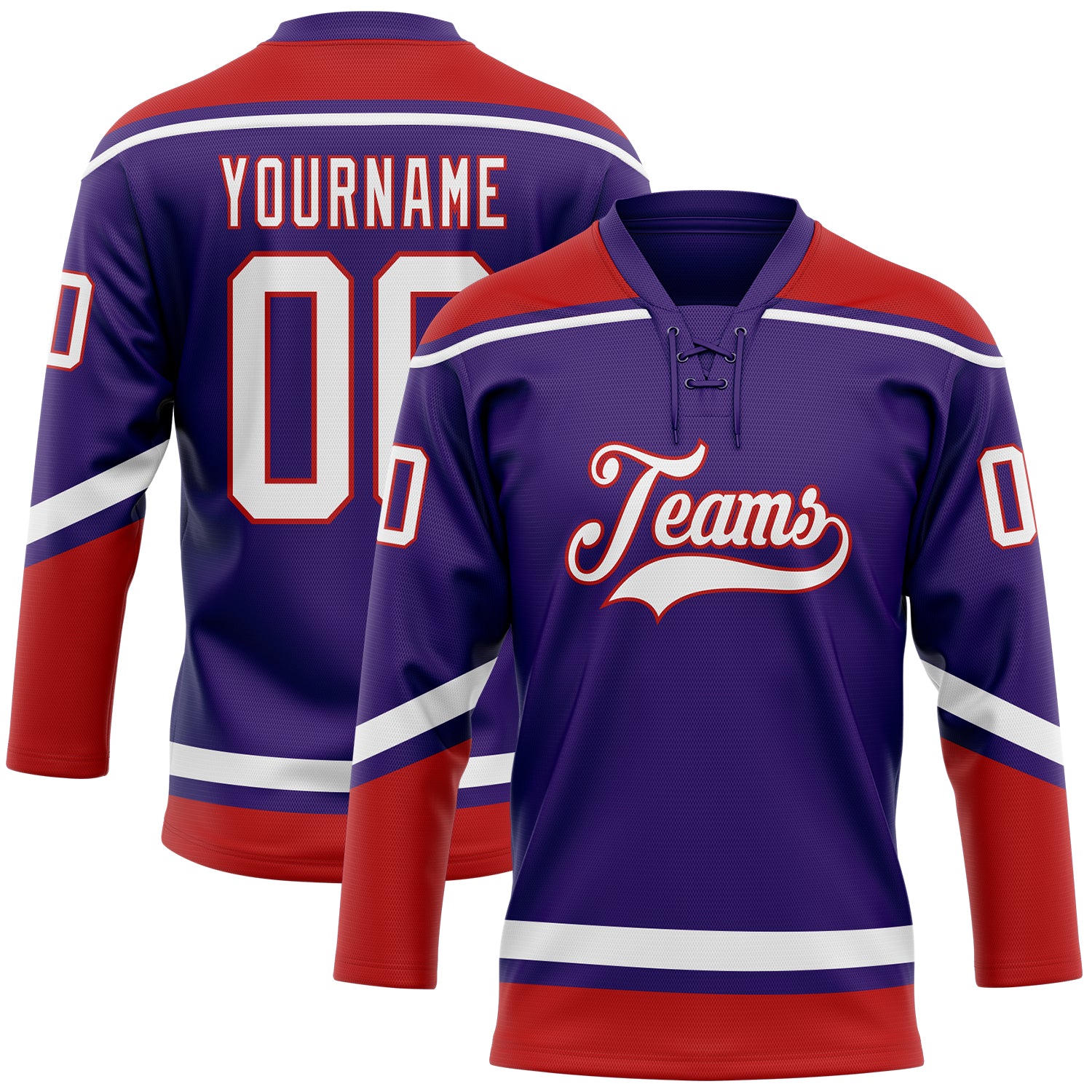 Personalized Purple White-Red Hockey Lace Neck Jersey Team Custom Name and Number