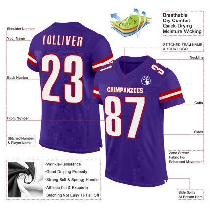 Personalized Purple White-Red Mesh Authentic Football Jersey Team Custom Name and Number