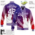 Personalized Purple White-Red Statue of Liberty 3D Pattern Design Bomber Full-Snap Varsity Letterman Jacket Team Custom Name and Number
