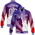 Personalized Purple White-Red Statue of Liberty 3D Pattern Design Bomber Full-Snap Varsity Letterman Jacket Team Custom Name and Number