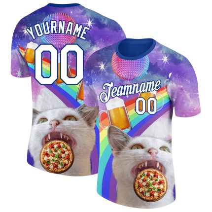 Personalized Purple White-Royal 3D Pattern Design Rave Animal Cat Performance T-Shirt Team Custom Name and Number