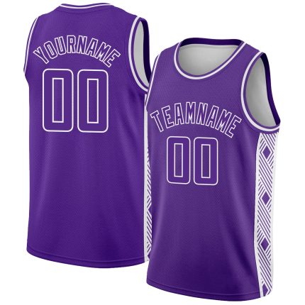 Personalized Purple White Side Panel Abstract Lines Authentic City Edition Basketball Jersey Team Custom Name and Number