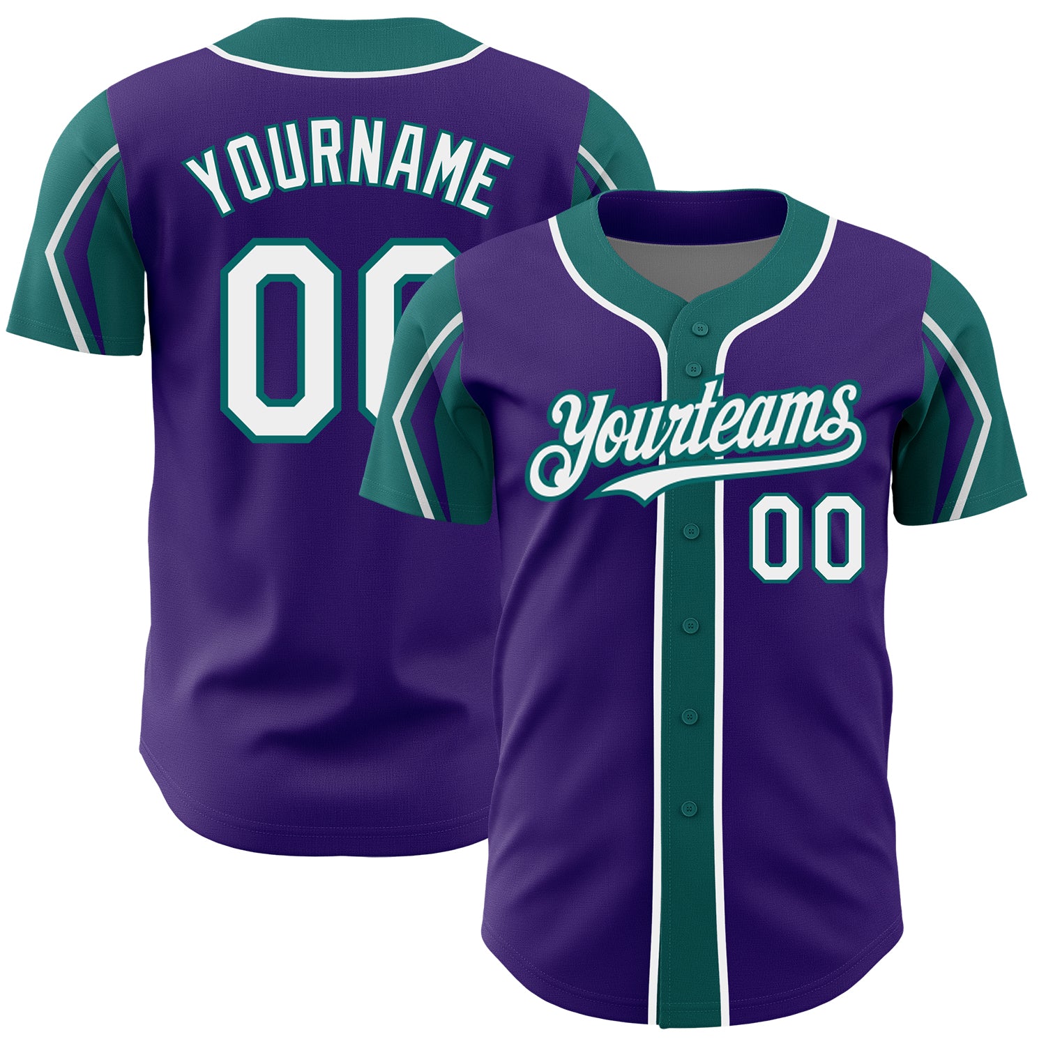 Personalized Purple White-Teal 3 Colors Arm Shapes Authentic Baseball Jersey Team Custom Name and Number